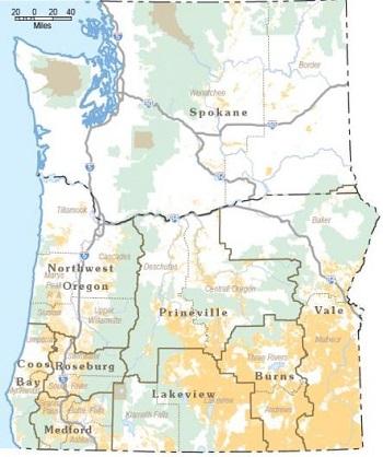map showing BLM district boundaries in Oregon and Washington
