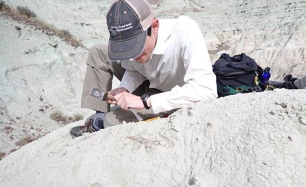 A man kneeling down and using a tool to pick at a white rock. 