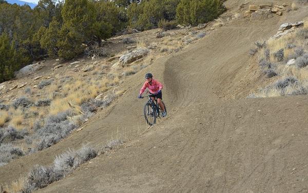 A mountain bike rider going downhill on the new trail. 