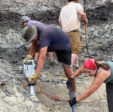 Four people work in the rocky ground in search of fossils. One is using a jackhammer.