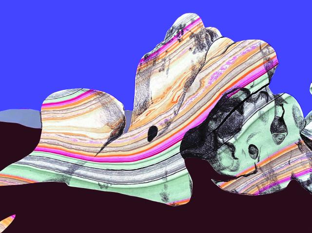 Artists rendering of a rock formation with colorful stripes and purple and black background by Artist Heather Heckel