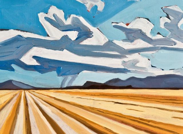 Landscape painting of the orange and brown desert playa and blue sky with cloud patterns in the Black Rock Desert of Nevada