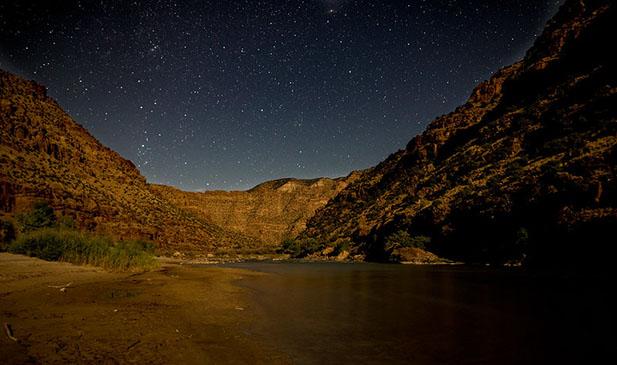 View of starry nighttime sky along the Green River in Utah