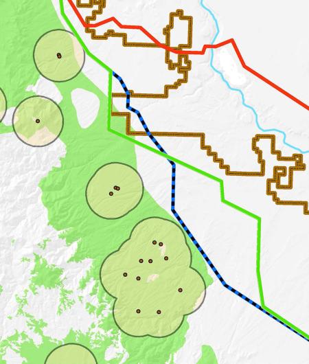 Map graphic showing lek buffers and potential route alternatives