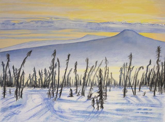 Painting by Sara Degenarro titled Sunrise in the Whites depicting the sun rising behind a snowy mountain with snow and trees in the foreground