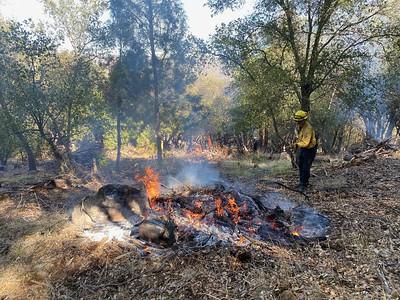 pile burn with a fire fighter supervising.