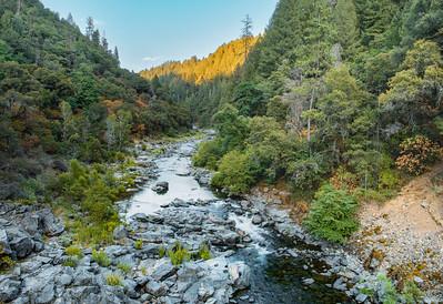 A river rinds through a steep forest gorge.