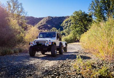 Jeep on a dirt road surrounded by low brush.