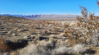 Brushy desert with a highway and mountains in the background