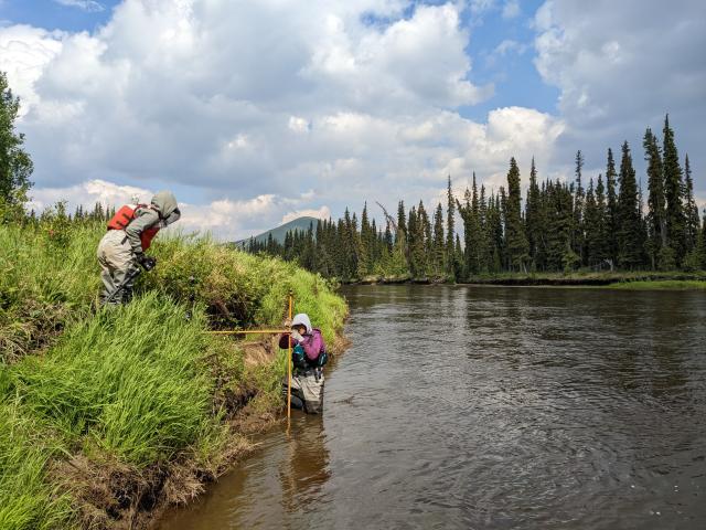 A person stands on a green vegetative river bank while another wades in the water to measure the depth of the water.