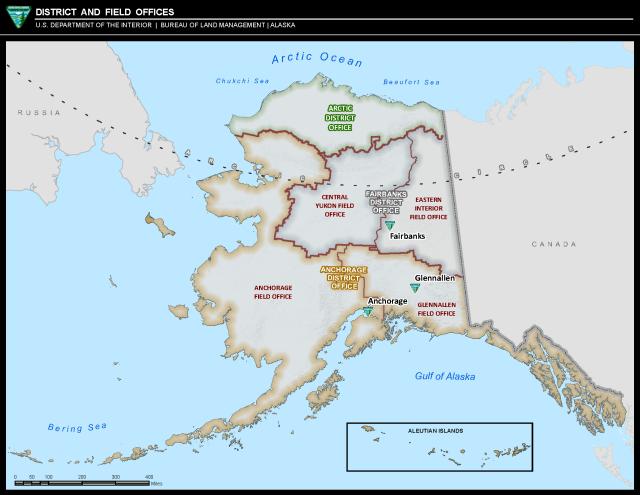 Map of Alaska with boundaries for the BLM's Anchorage, Arctic, and Fairbanks Districts. 
