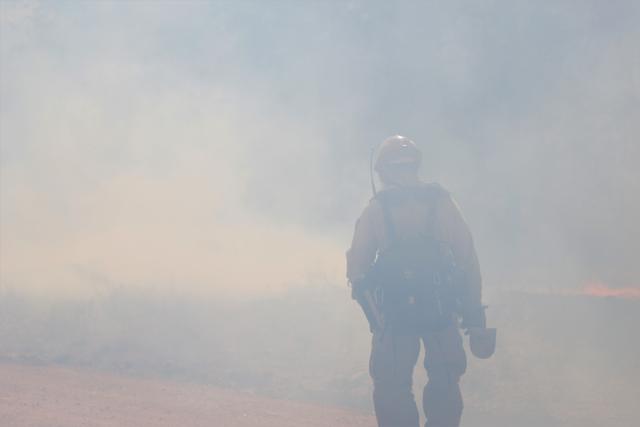 A firefighter with the Bureau of Land Management navigates a thick haze of smoke while surveying the boundary of a prescribed burn. 