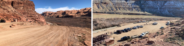 A dirt route with tire tracks. A dirt parking lot with recreational vehicles with the muddy Colorado River and snowy cliffs.