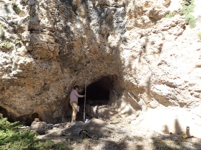 A woman stands with a measuring stick at the entrance to a hole in a large rock. 