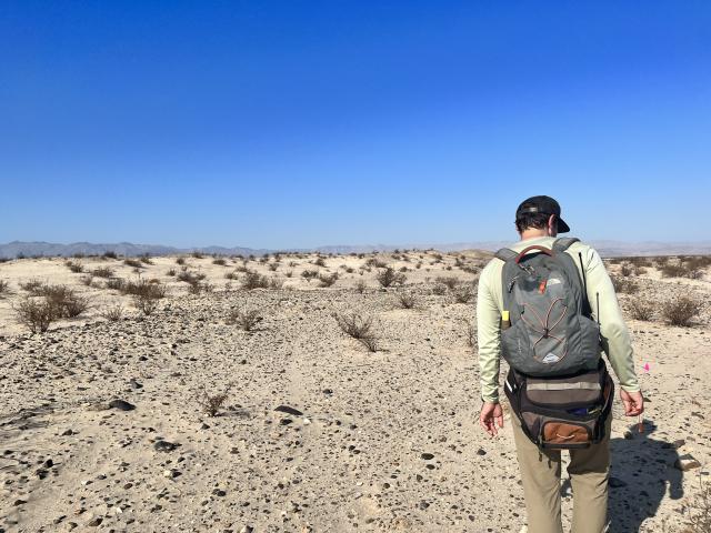 A man walking in the desert. 