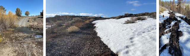 Bad road condition in Lake County; flooded road, snow drift on road, muddy road