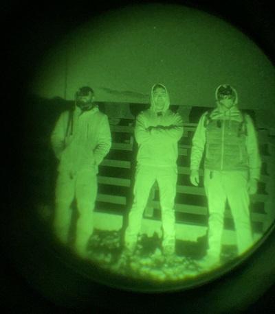 Night vision photo of BLM employees at the Queen Mine at Tumco Mining District (L to R- Damian Montano (Park Ranger), Gabriel Juarez (Park Ranger) and Peter DeJongh (Wildlife Biologist))