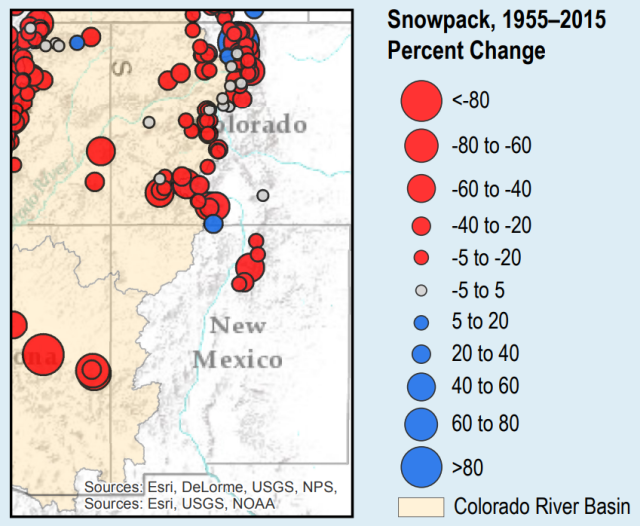 A snowpack map produced by the Environmental Protection Agency illustrates the loss in winter moisture accumulation between 1955 and 2015. (Public domain)