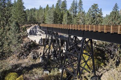 A black and wood rail road trestle in the Sierra Nevada forest.