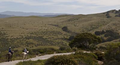 Horseback riders in rolling grassy hills