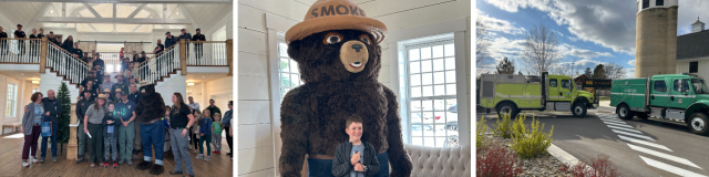 A collage of attendees at Ezra’s wish proclamation hosted by Make-A-Wish at Walker Farms, Ezra standing next to a Smokey Bear statue, and two fire engines from the Bureau of Land Management and USDA Forest Service. | Photo Credit: Michael Tateishi, Fire Mitigation and Trespass Technician 