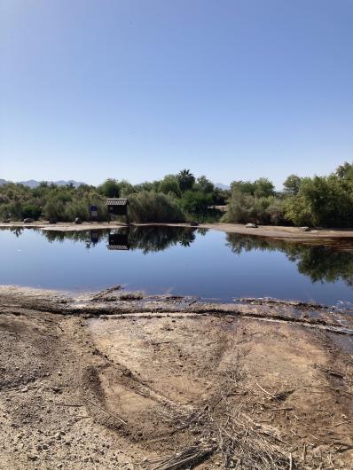 Flooded area of Fortuna Pond in the background a recreation kiosk/sign is visible beyond a once dry depression now filled with water