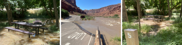 Collage of a picnic area, road and campground flooded with water. 