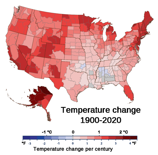 This map shows where, and to what degree, average temperatures have changed in the United States over the last century. No part of the American West has been spared from increasing temperatures. (Illustration courtesy of the Environmental Protection Agency)