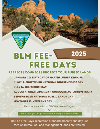 Poster of fee-free days for 2024: Jan. 15, MLK Jr. Day; June 19, Juneteenth; July 16 BLM Bday; Sept. 28 National Public Lands Day; Nov. 11, Veterans' Day