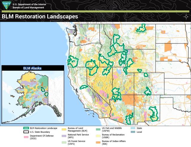 Map showing the 21 Restoration Landscapes across 11 western states including Alaska. Land status is also shown for various land management agencies.