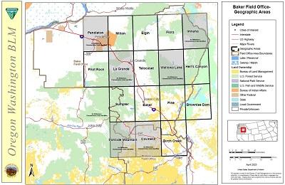 map showing geographic management area boundaries in Baker Field Office