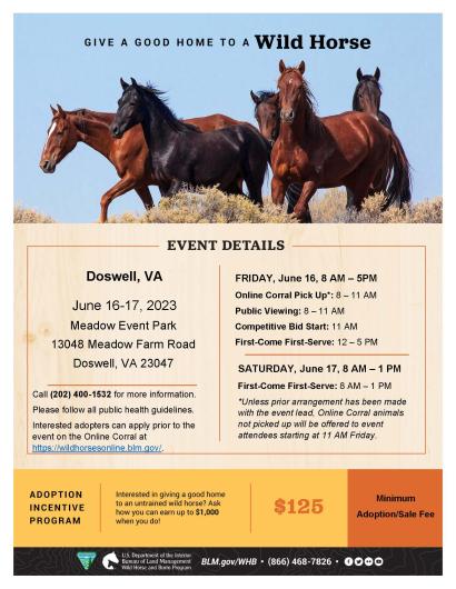 A flyer announcing a wild horse and burro adoption June 16-17 in Doswell, Virginia