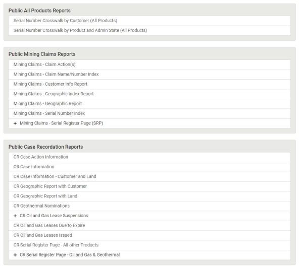 Screenshot of MLRS Report availabl for Public All Products Reports, Public Mining Claims Reports, and Public Case Recordation Reports.