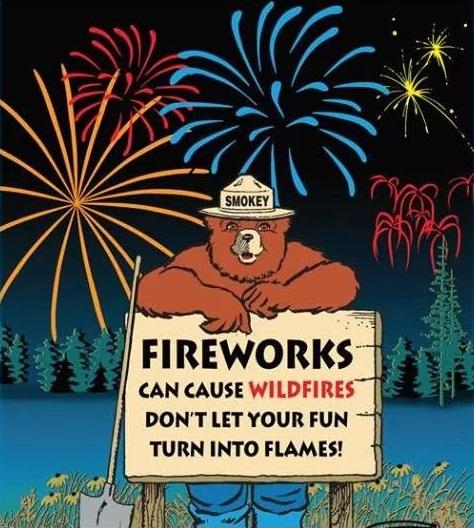 Smokey Bear standing in front of sign that says Fireworks can cause wildfire don't let you fun turn into flames
