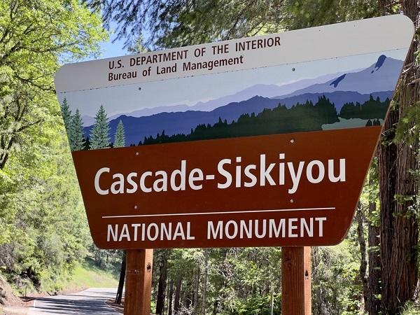Cascade-Siskiyou National Monument sign surrounded by trees