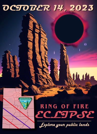 purple rays of sunlight radiate from the black outline of the moon and cast shadows over a desert landscape of sandstone towers. The state of Utah is pictured in the lower left-hand corner next to the words "Ring of Fire Eclipse, Explore Your Public Lands!"