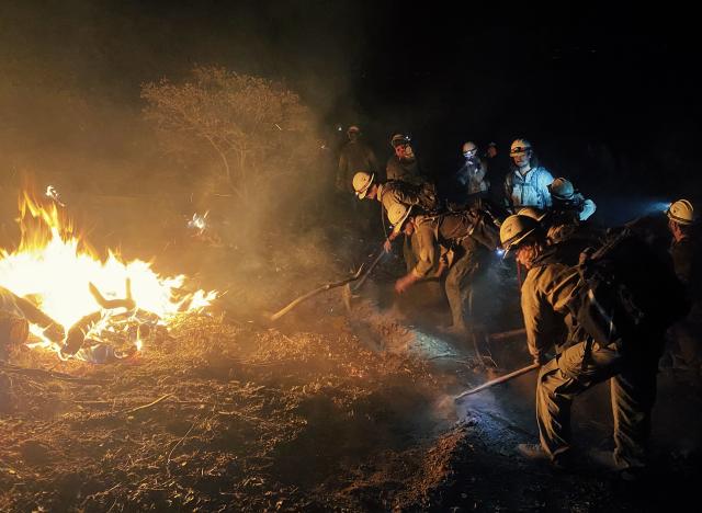 A crew of wildland firefighters, the Bonneville Interagency Hotshot Crew, fighting a fire in Arizona.