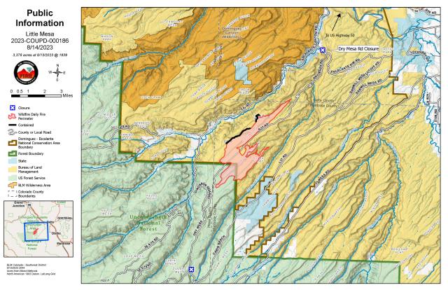 Map showing location of Little Mesa Fire burning in Dominguez-Escalante NCA.