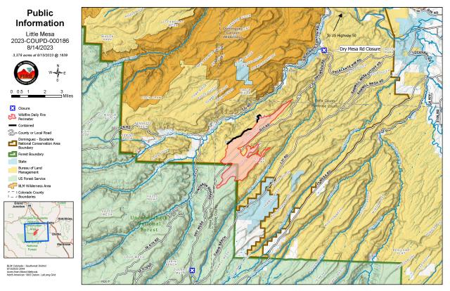 Map showing location of Little Mesa Fire burning in Dominguez-Escalante NCA.