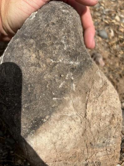 Up-close  of a stone face with faint marks that read 1/4 on it. 