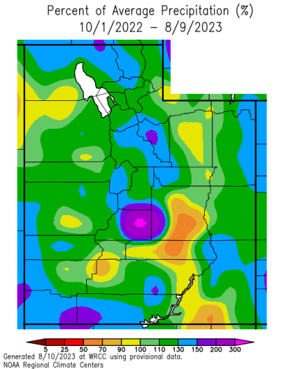 A map highlighting how much of Utah saw 10-30% more precipitation than average between Oct 1, 2022 – Aug 9, 2023.