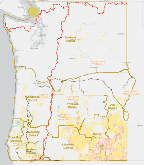 screenshot of an external map showing BLM national conservation lands in Oregon and Washington