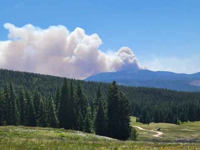 Smoke in the distance behind rolling hills. The Thompson Ridge Fire.