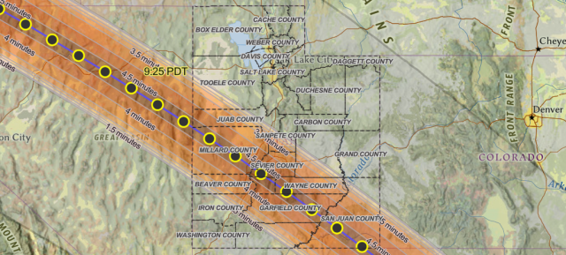 A map showing the state of Utah with a series of large orange lines cutting across the state in a Northwest to Southeast direction, indicating the path of the eclipse.