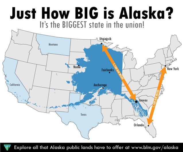 Graphic showing Alaska superimposed over the contiguous United States showing it's by far the largest state in the U.S. 