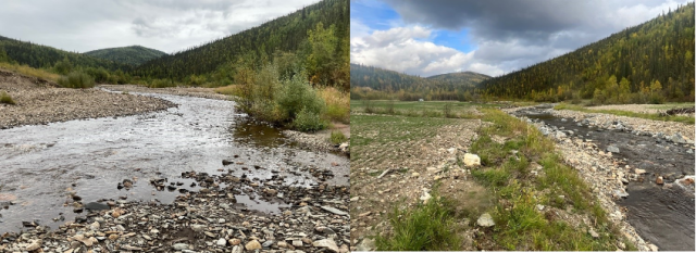 The two photos show the same creek. One photo shows the creek before restoration efforts, while the other photo shows the creek after restoration efforts.