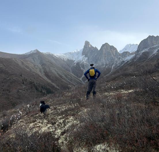 Person wearing backpack overlooks distant snowy crags