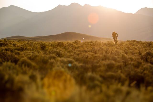 Mountain biker riding on train in Owyhee County 