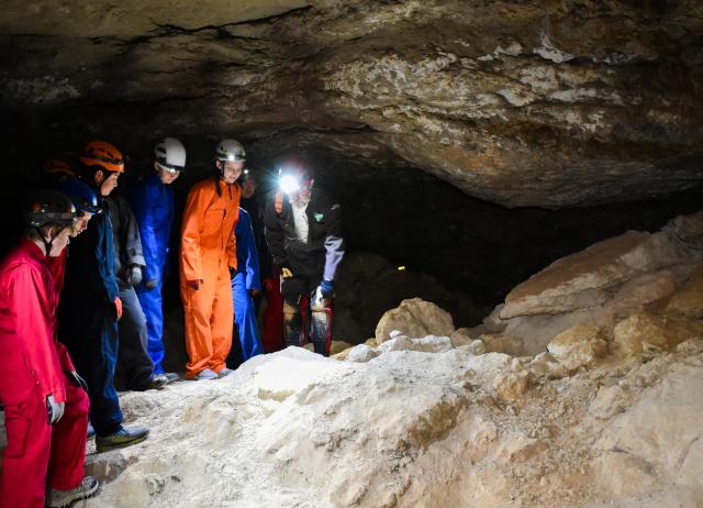 Knutt Peterson, the cave specialist for the Bureau of Land Management’s Roswell Field Office, talks to students and teachers from Ruidoso Middle School about biology within the Fort Stanton Cave at the Fort Stanton-Snowy River Cave National Conservation Area, Lincoln, N.M., Sept. 