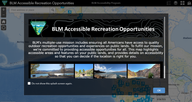 Opening screen of BLM's map of accessible sites on public lands